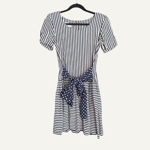 Vintage Donna Ricco Navy White Striped Polka Dot Bow Dress USA